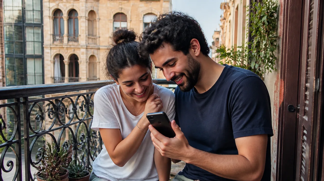 A couple on a Beirut balcony looking at a phone