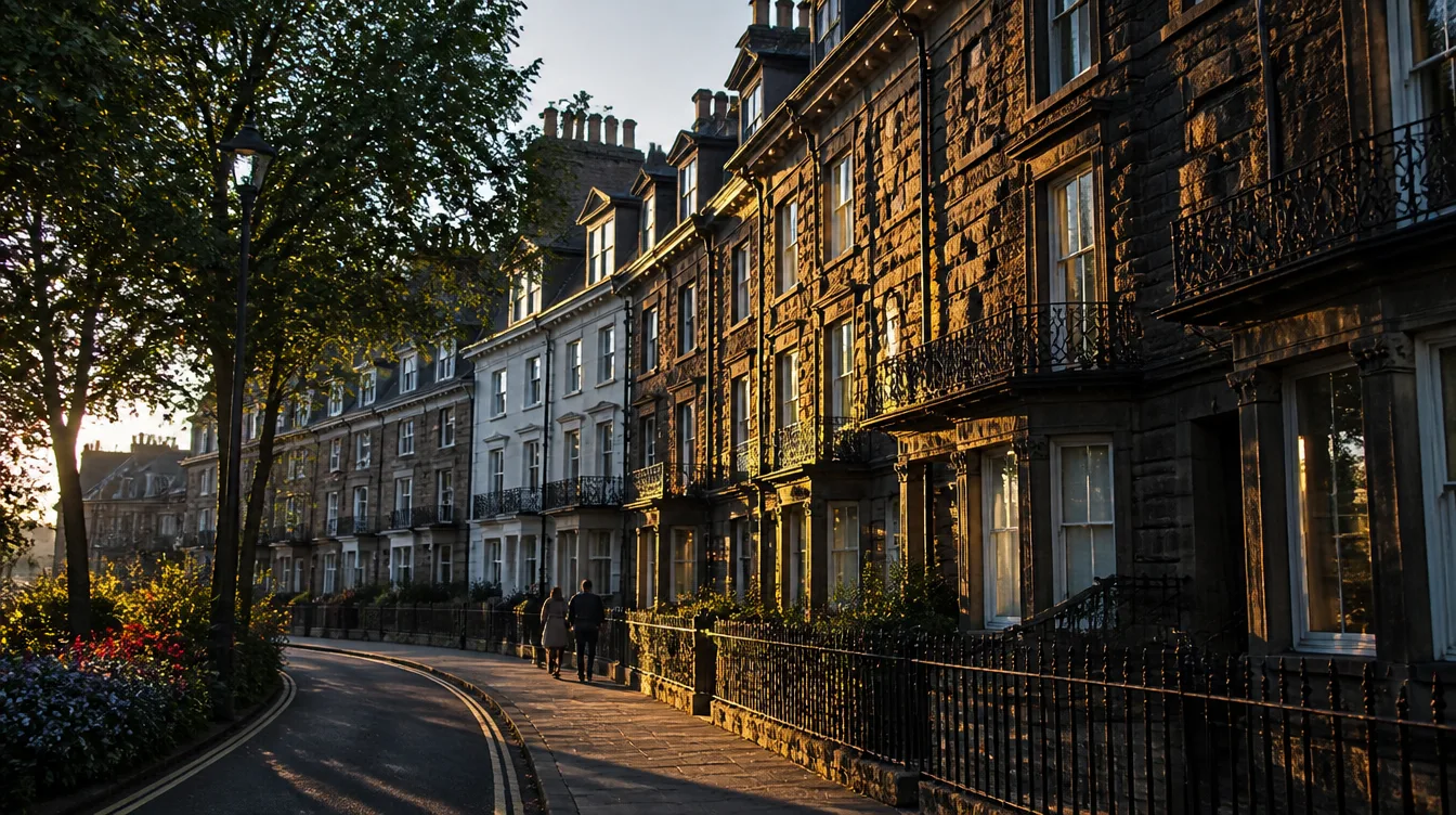 Victorian stone terraces in Harrogate at golden hour