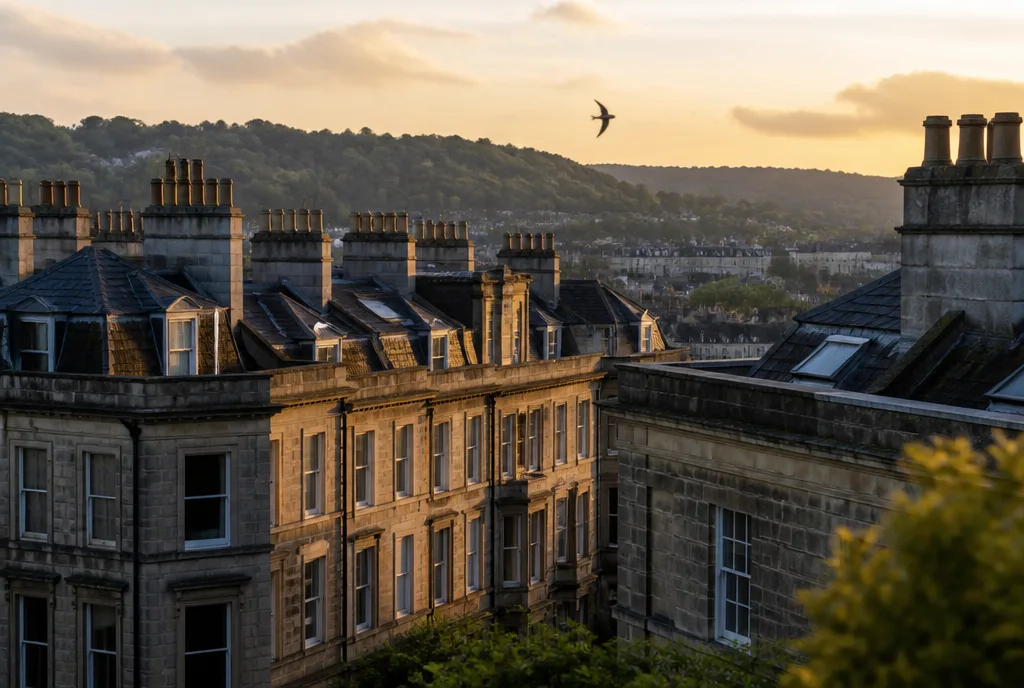 Rooftops of Harrogate stone terraces in evening light