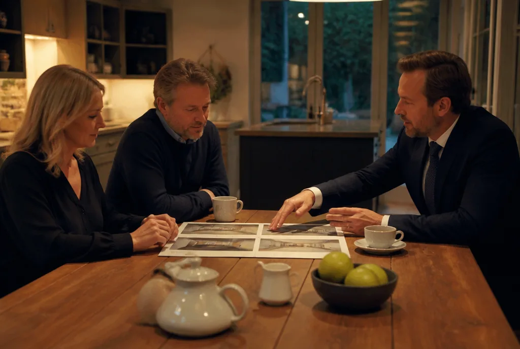 Andrew Ellcott discussing a launch plan with sellers at their kitchen table
