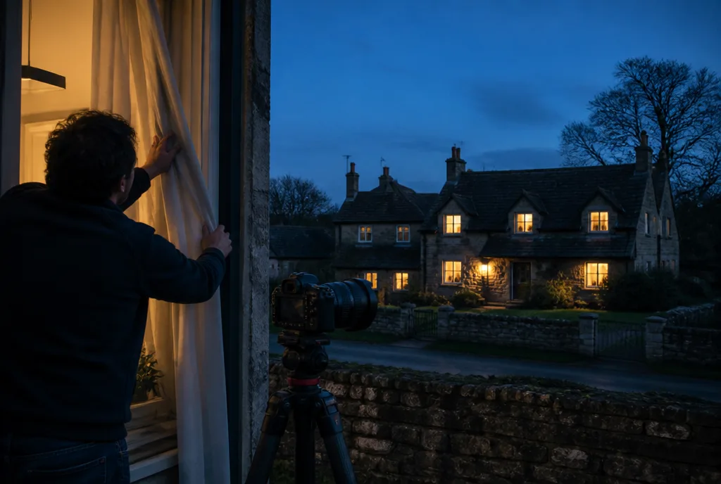 Twilight photograph being taken of a stone house