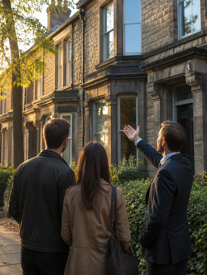 Couple viewing a stone house with an agent