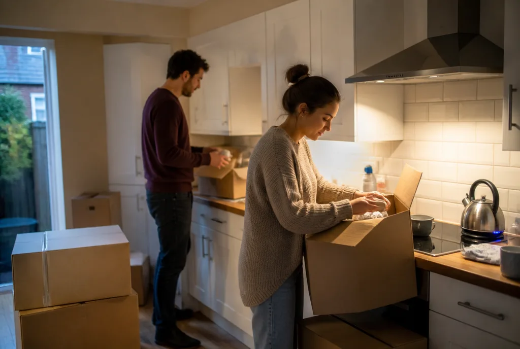 A couple unpacking boxes in a bright new rental kitchen