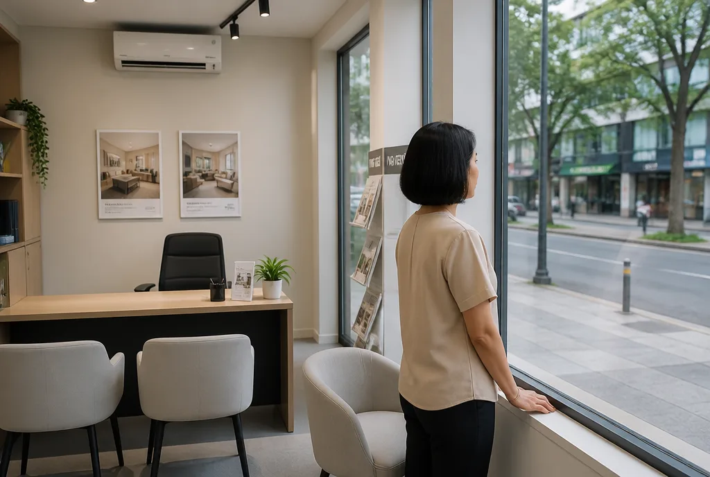 A woman standing at the window of a small property office looking out at the street