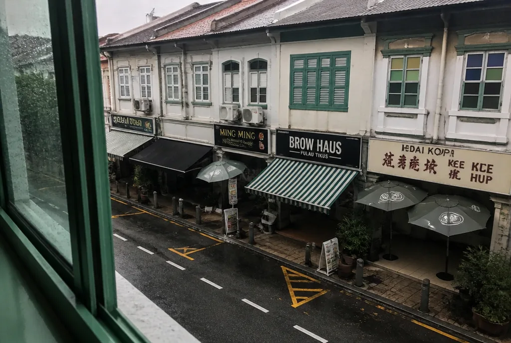 A Pulau Tikus street in the rain seen from a first-floor window