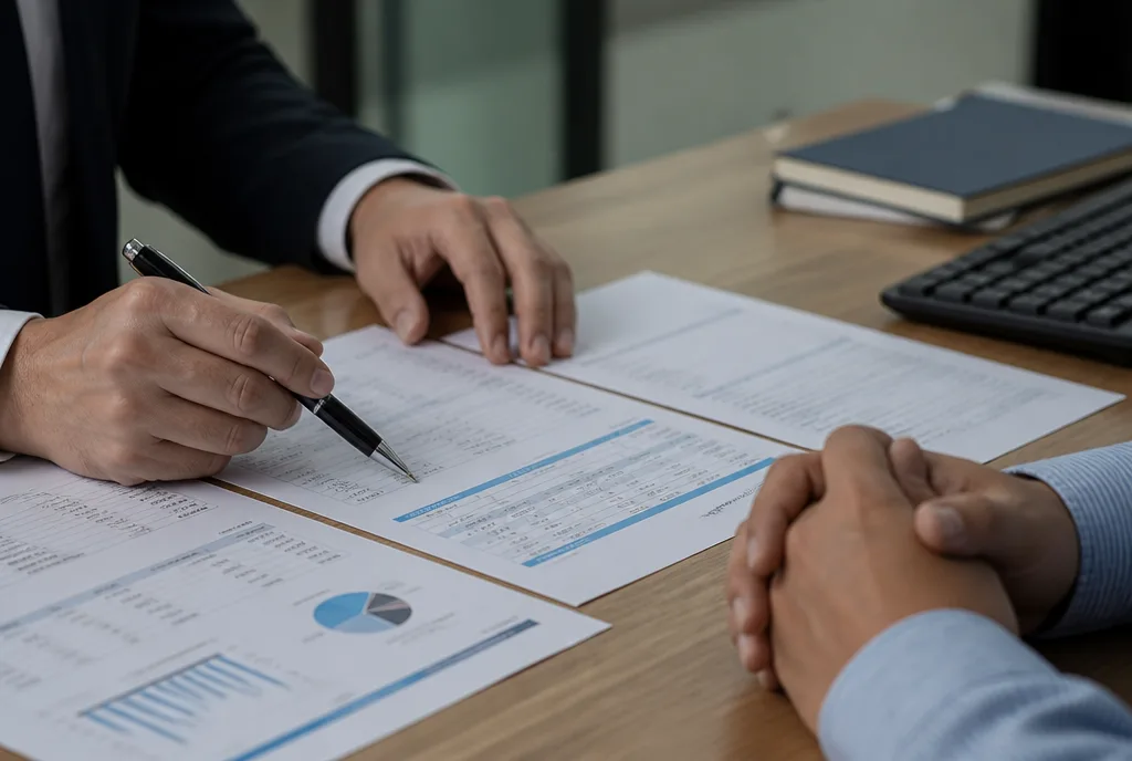 A loan officer and a customer at a desk with printed statements
