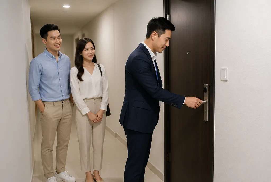 A negotiator unlocking a condominium door for a couple waiting in the corridor