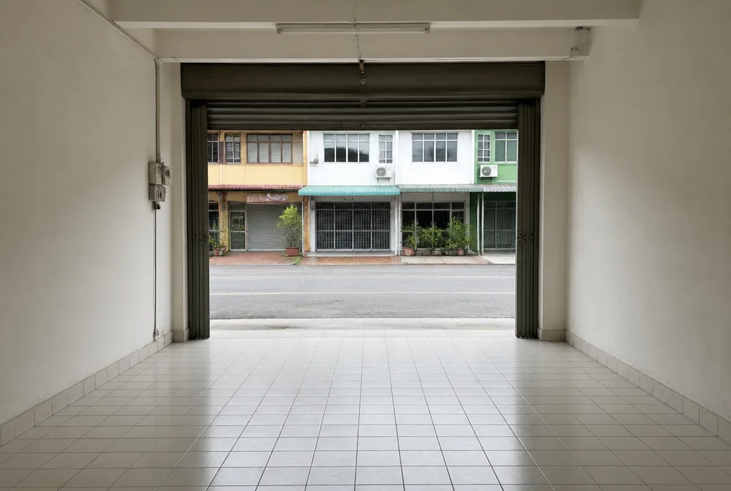 A vacant ground-floor shoplot with the roller shutter raised
