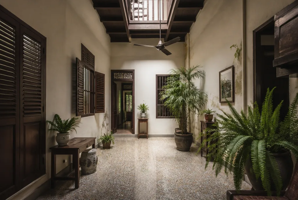 The air-well of a Penang heritage shophouse with terrazzo floor and teak shutters
