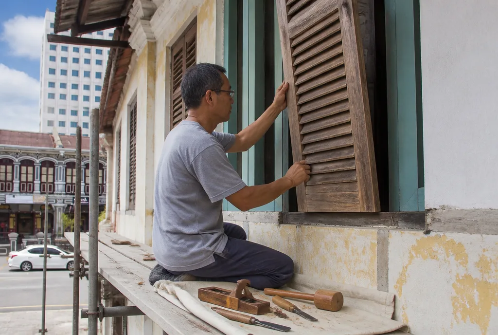 A conservation carpenter fitting a timber shutter panel
