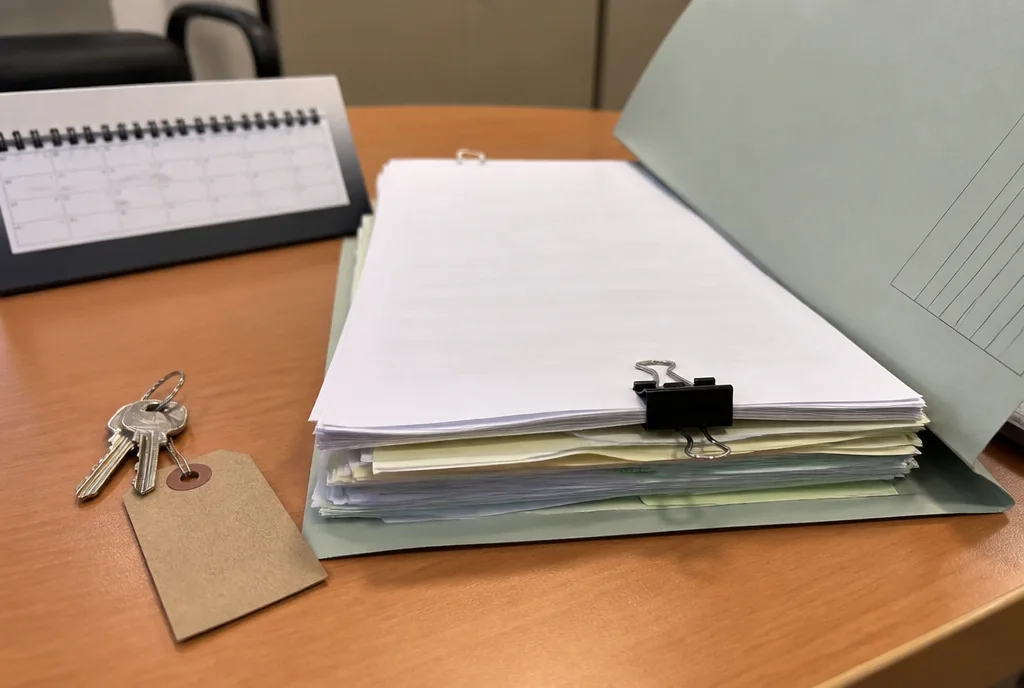 A conveyancing file open on a desk with a desk calendar and a set of keys