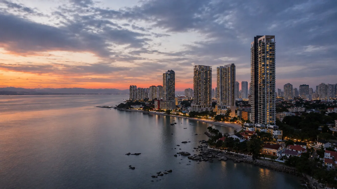 The Penang north coast at dusk, condominium towers lit along the seafront