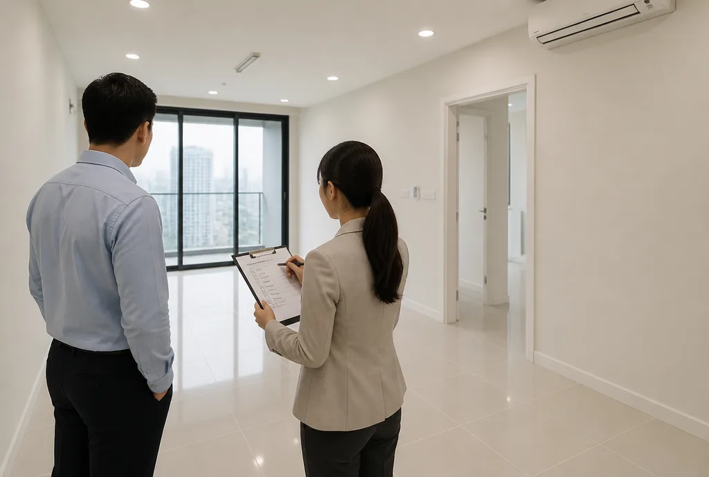 A landlord and a property manager walking through an empty rental unit with a checklist