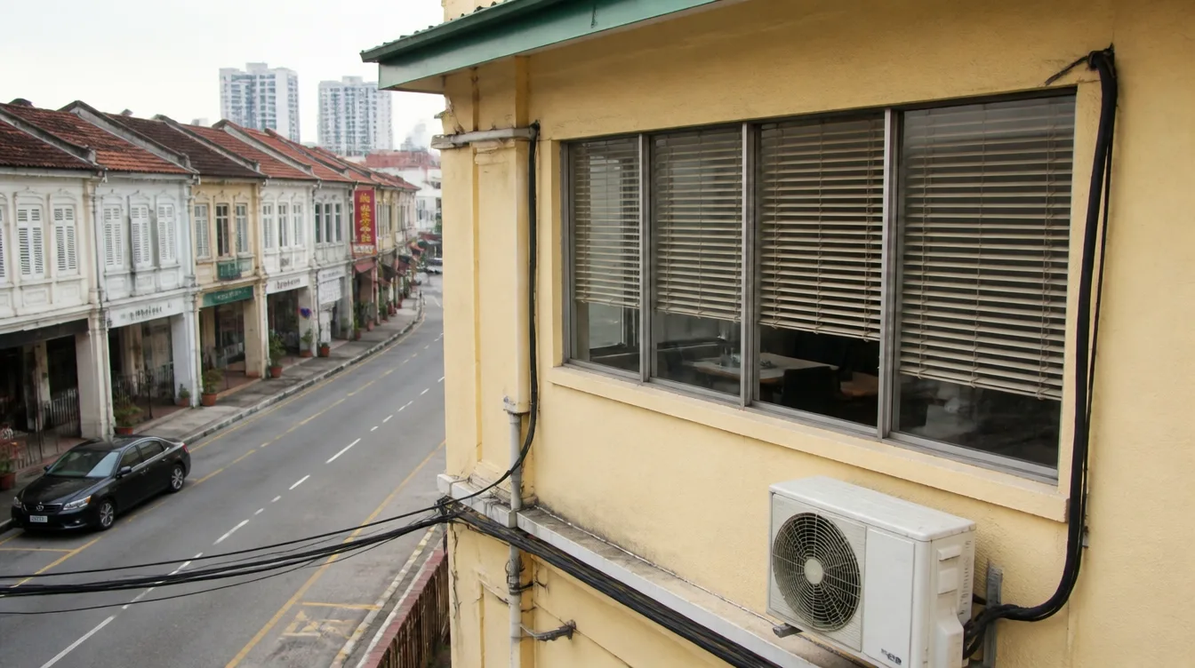 The upstairs window of a Pulau Tikus shoplot office looking onto the street