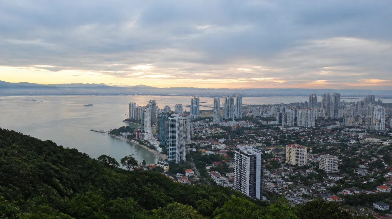 Penang island seen from the hills, rooftops running down to the channel