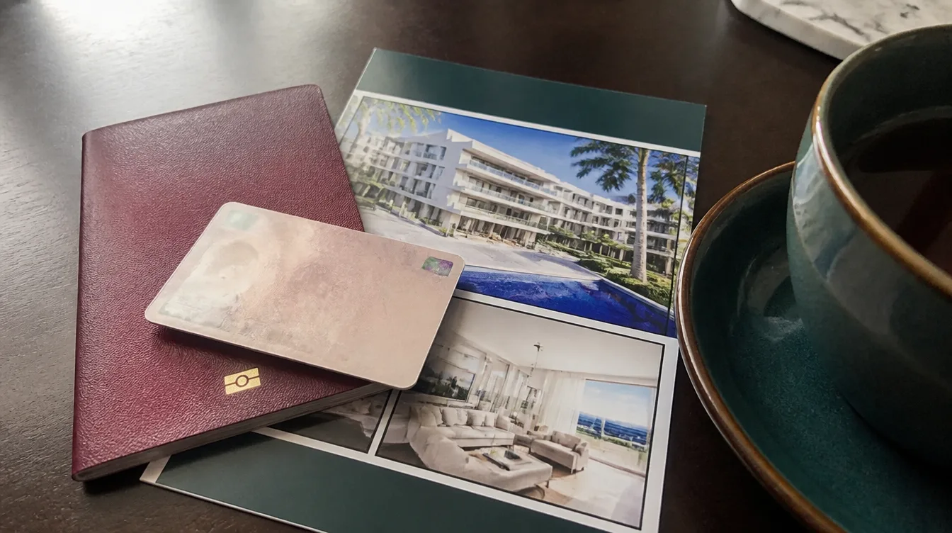 A passport, residency card and property brochure on a desk