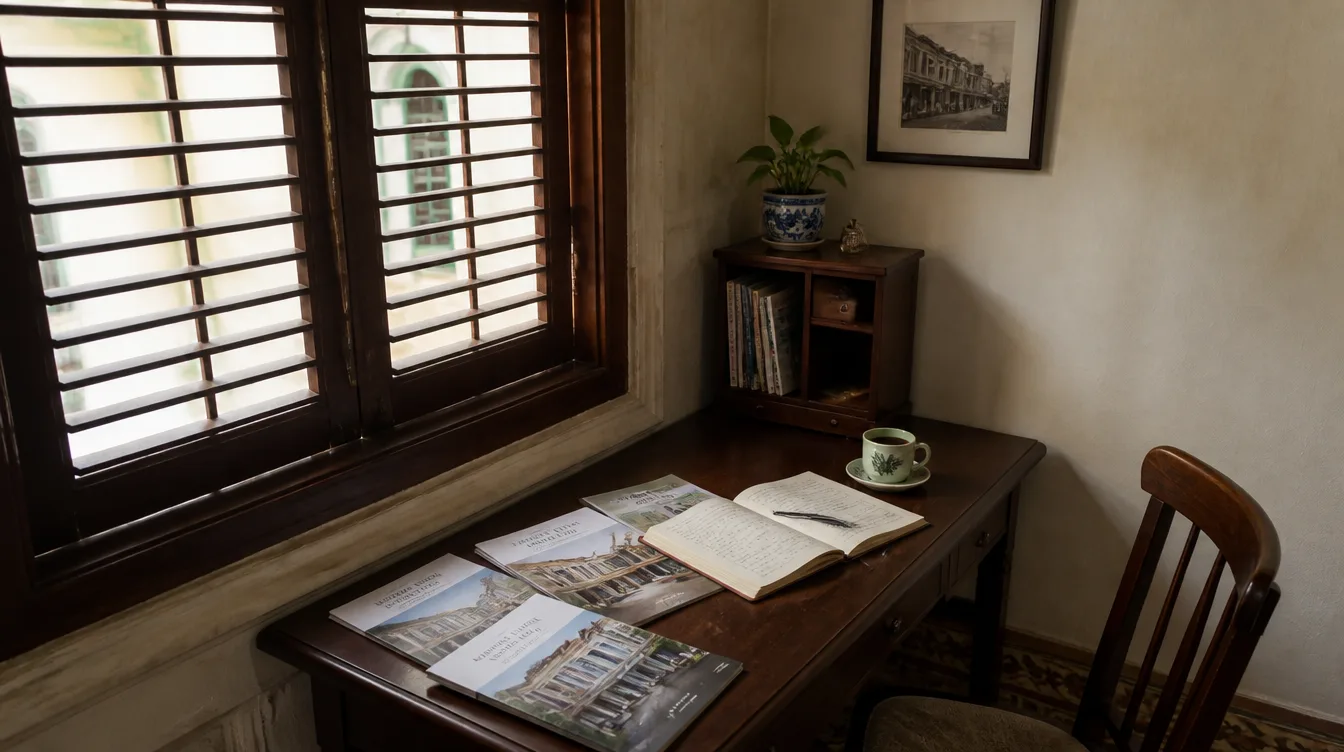 A reading table with property guides and a notebook beside a louvred window