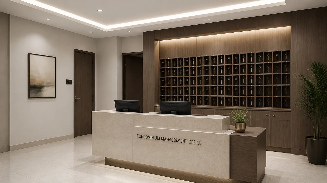 A condominium management office counter with key pigeonholes