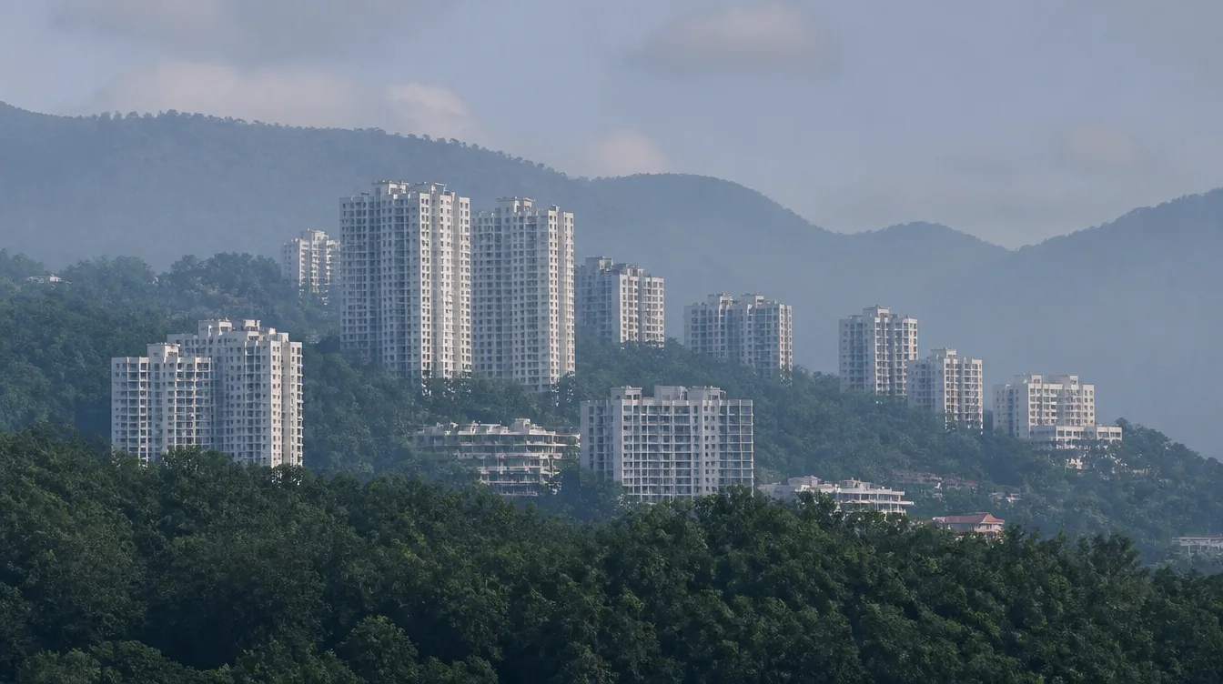 Penang condominium towers on a hillside in the morning haze