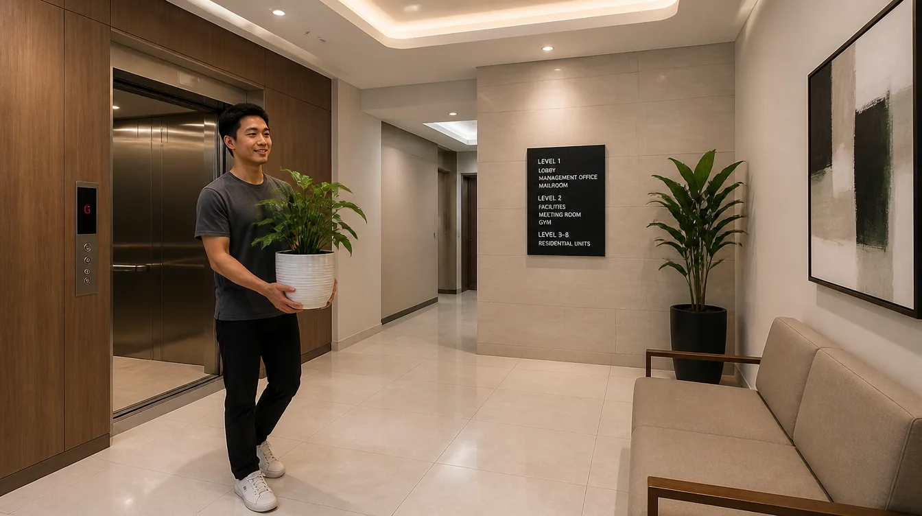 A tenant carrying a box into a condominium lobby
