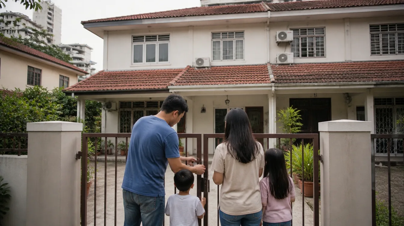 A family unlocking the gate of a newly bought Penang house