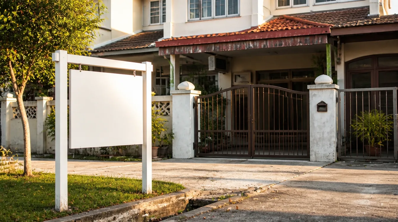 A blank For Sale board frame in front of a Penang terrace house gate