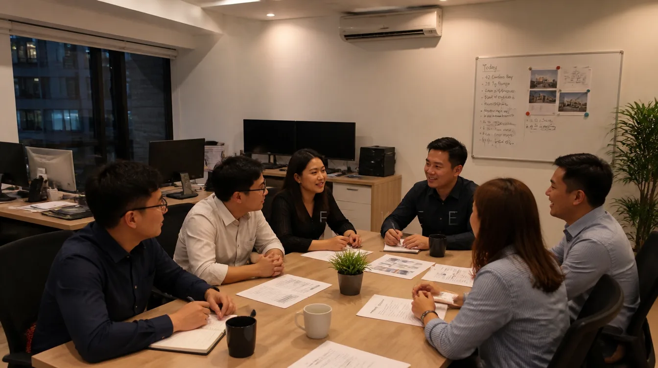 Colleagues gathered around a table in a Penang property office