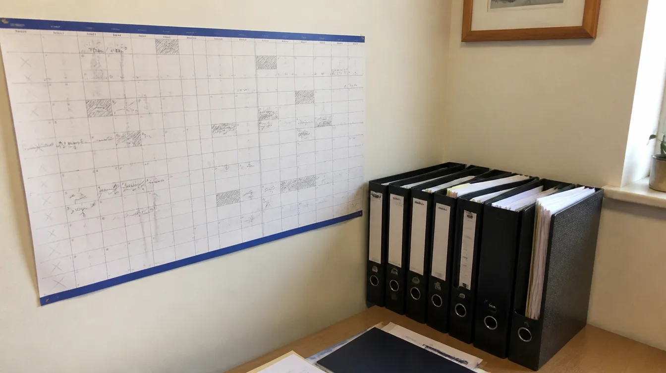 A wall planner with pencilled markings beside folders in a conveyancing office