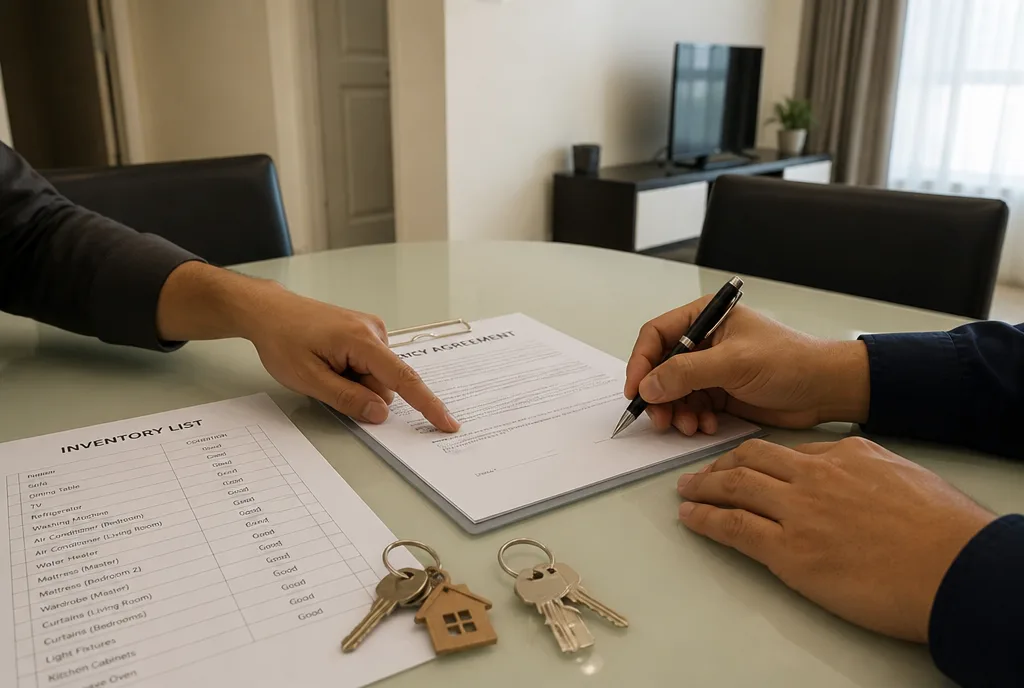 A tenancy agreement being signed with two sets of keys and an inventory beside it
