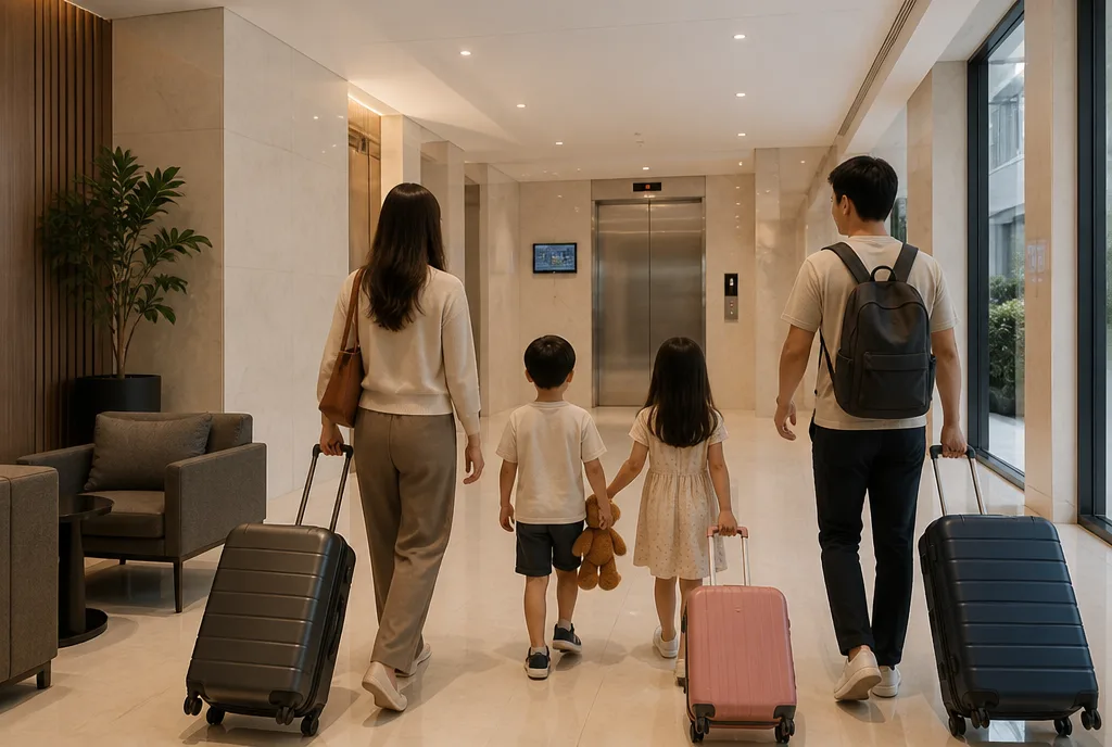 A family arriving at a Penang condominium lobby with suitcases
