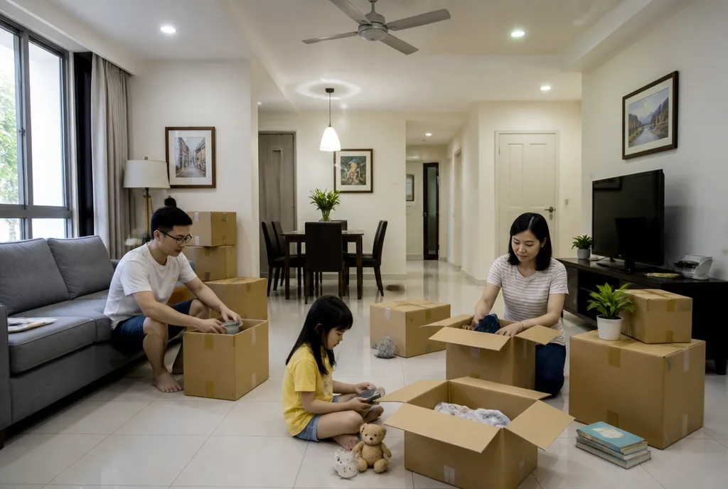 A family unpacking boxes in the living room of a new Penang home