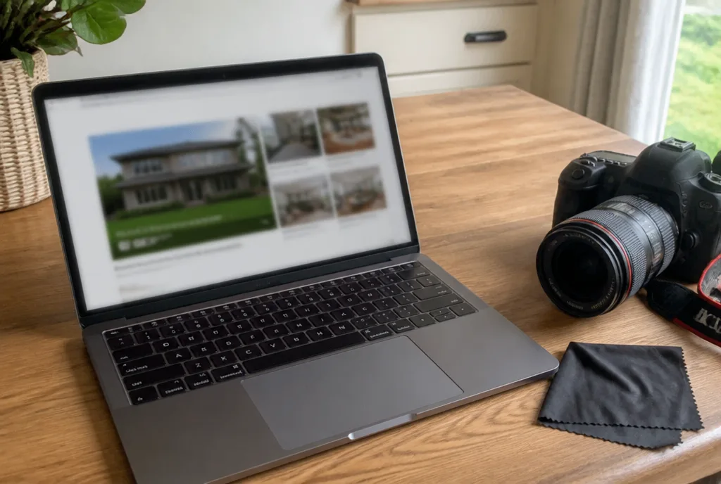A laptop showing a property listing beside a camera and a lens cloth