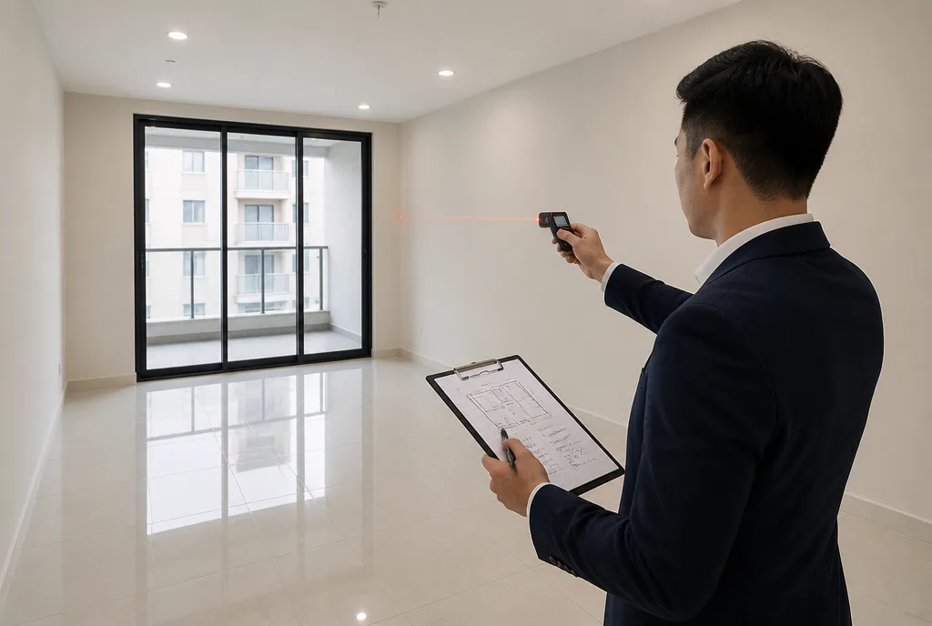 A negotiator measuring a room with a laser measure and noting it on a clipboard