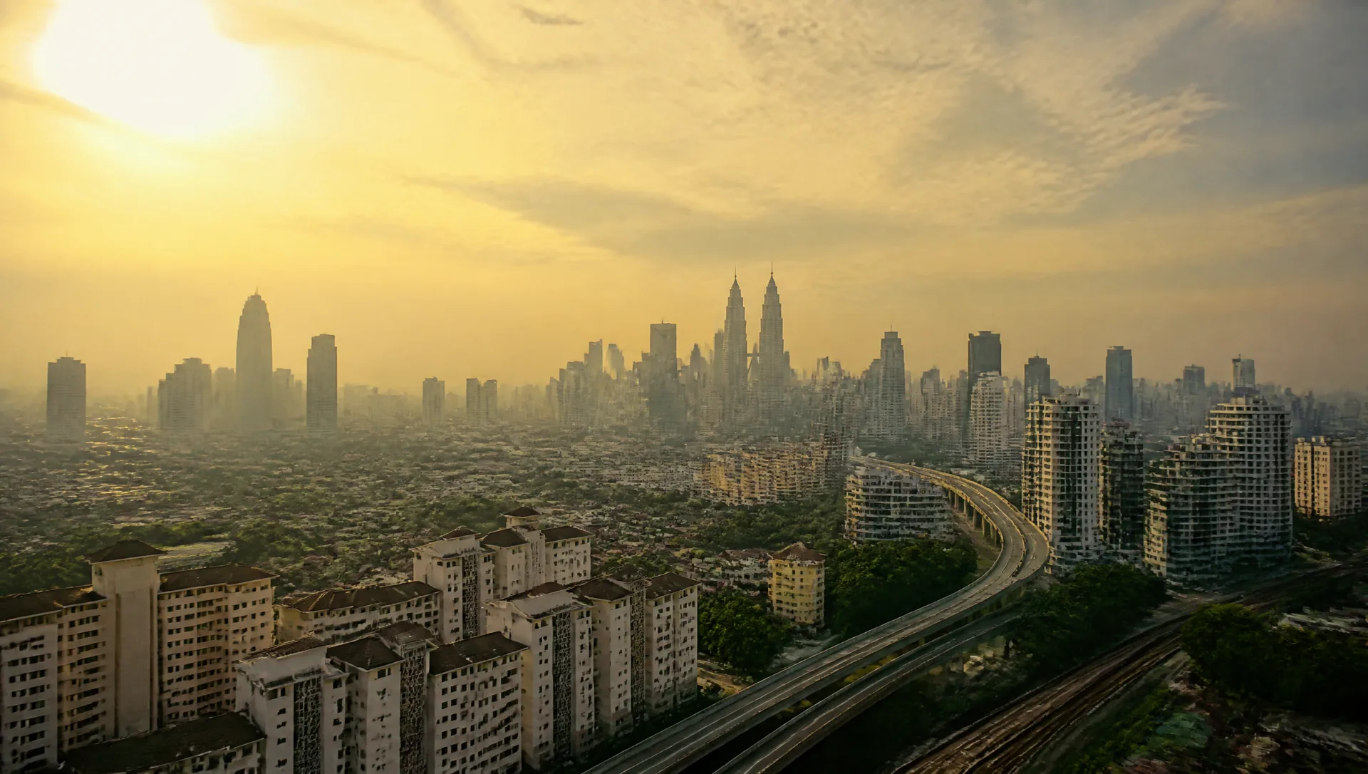 The Kuala Lumpur and Petaling Jaya skyline at golden hour