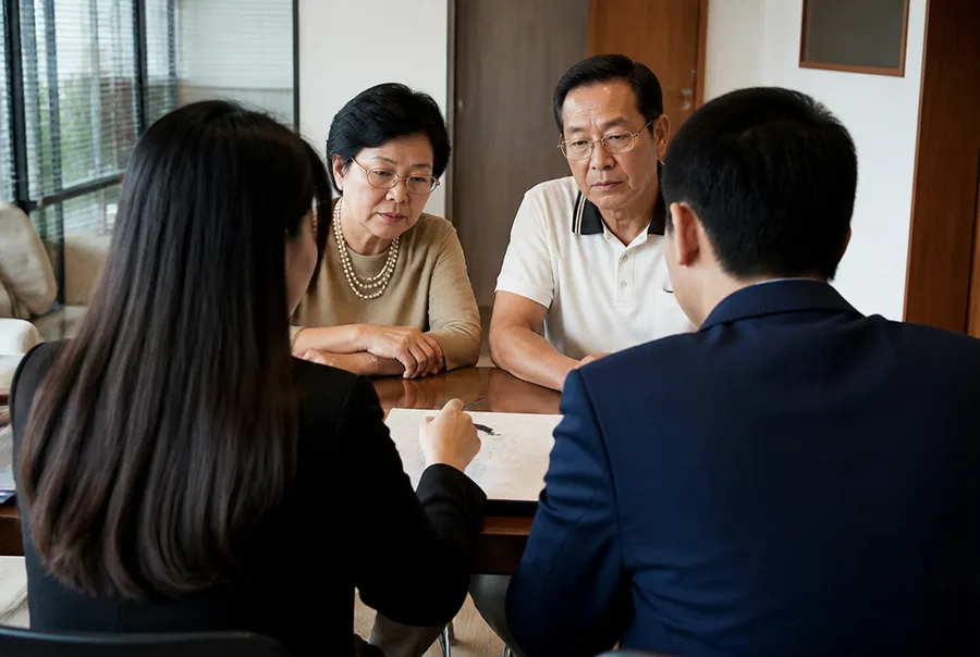 A Sanjung negotiator taking a client through a document
