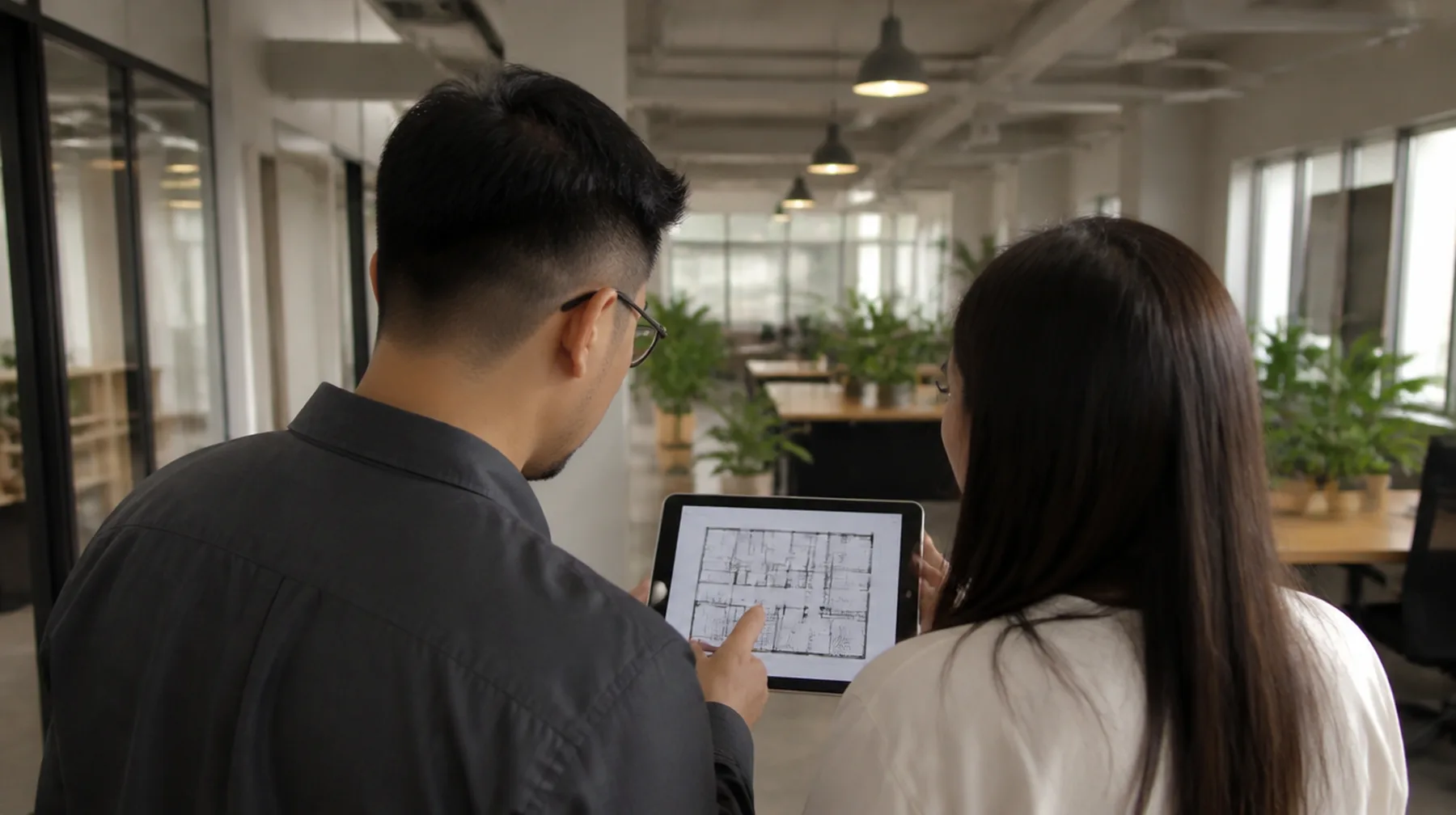 Sanjung negotiators reviewing a floorplan