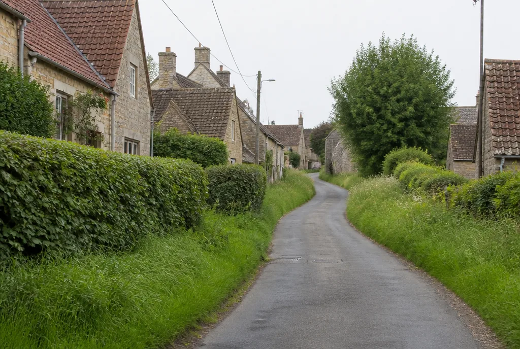 A lane of limestone houses and hedgerows in Barnack village on an overcast morning