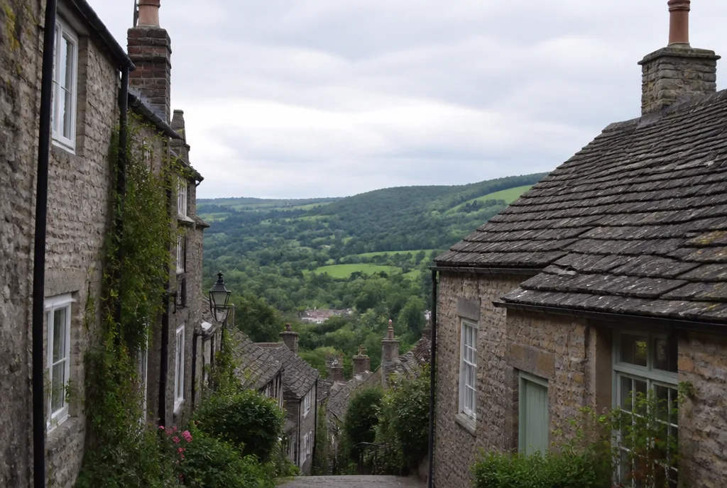 Stone cottages with Collyweston slate roofs on a village lane under a pale sky