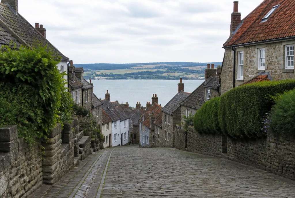 A stone village street sloping down towards open water and hills at Empingham