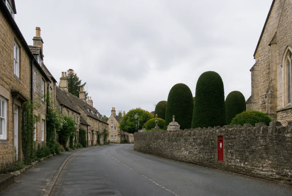 Stone cottages and a churchyard wall in the village of Ketton under a wide grey sky