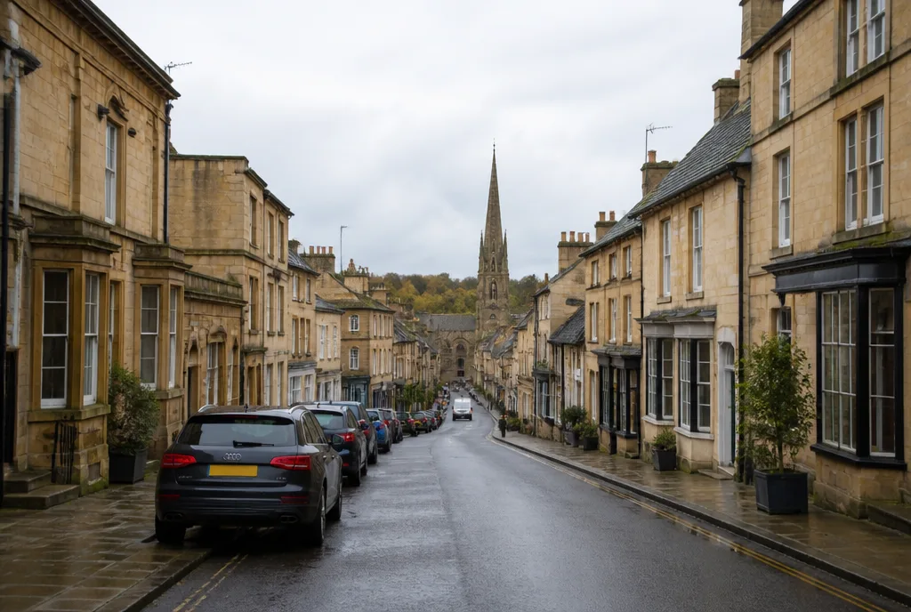 A street of honey-coloured limestone Georgian houses in Stamford under a pale overcast sky