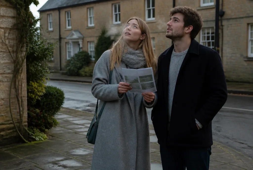 A couple standing on a village pavement looking up at a house they are viewing