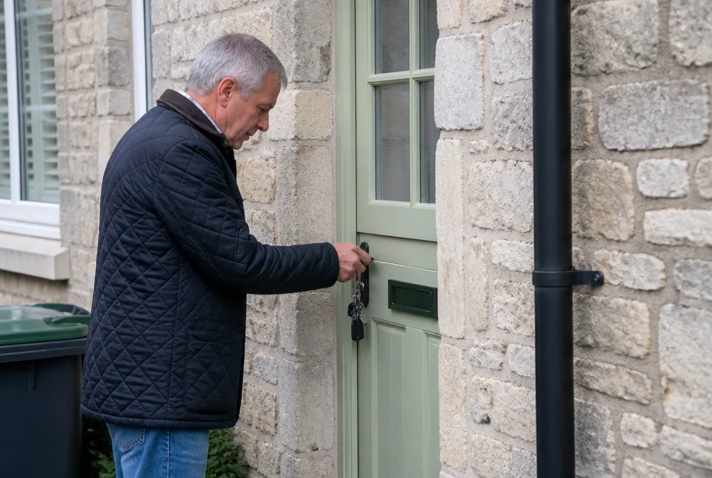 A landlord unlocking the door of a small stone rental cottage