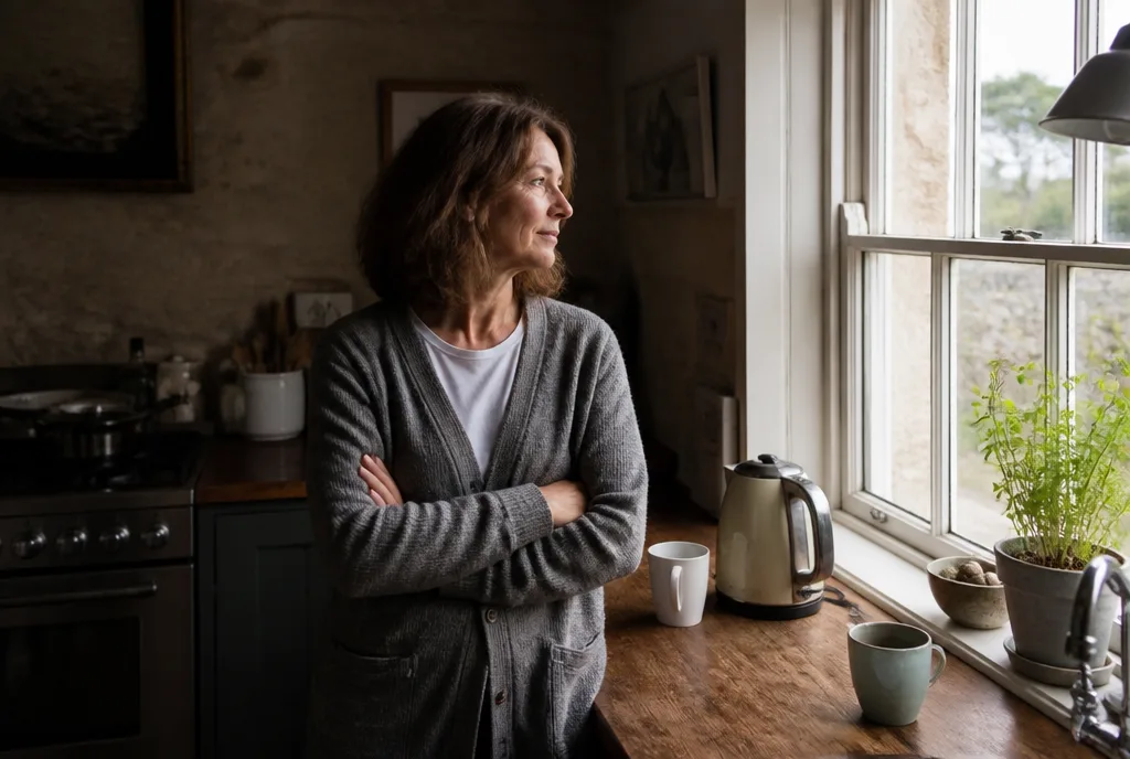 A woman standing in her kitchen looking out of the window, thinking about selling