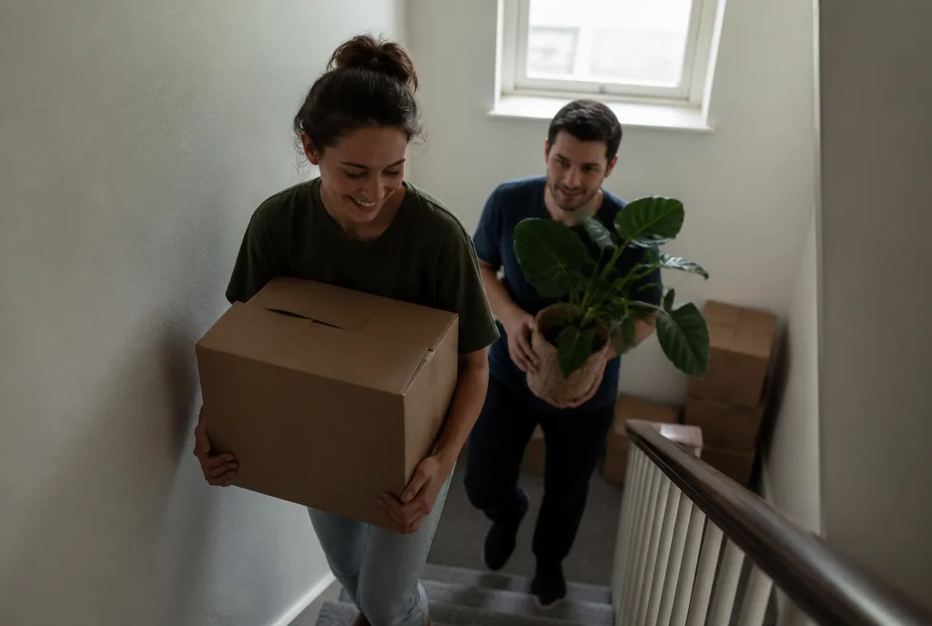 Two housemates carrying a box and a plant up the stairs on moving day