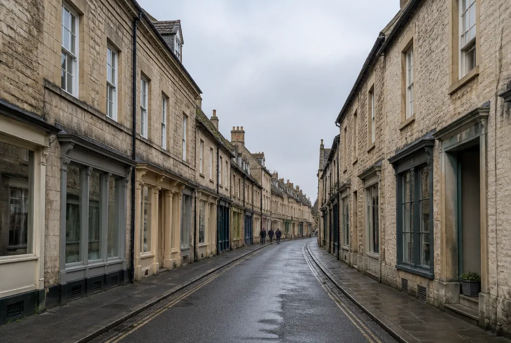 A view along a limestone street of shops and houses in an English market town on an overcast morning