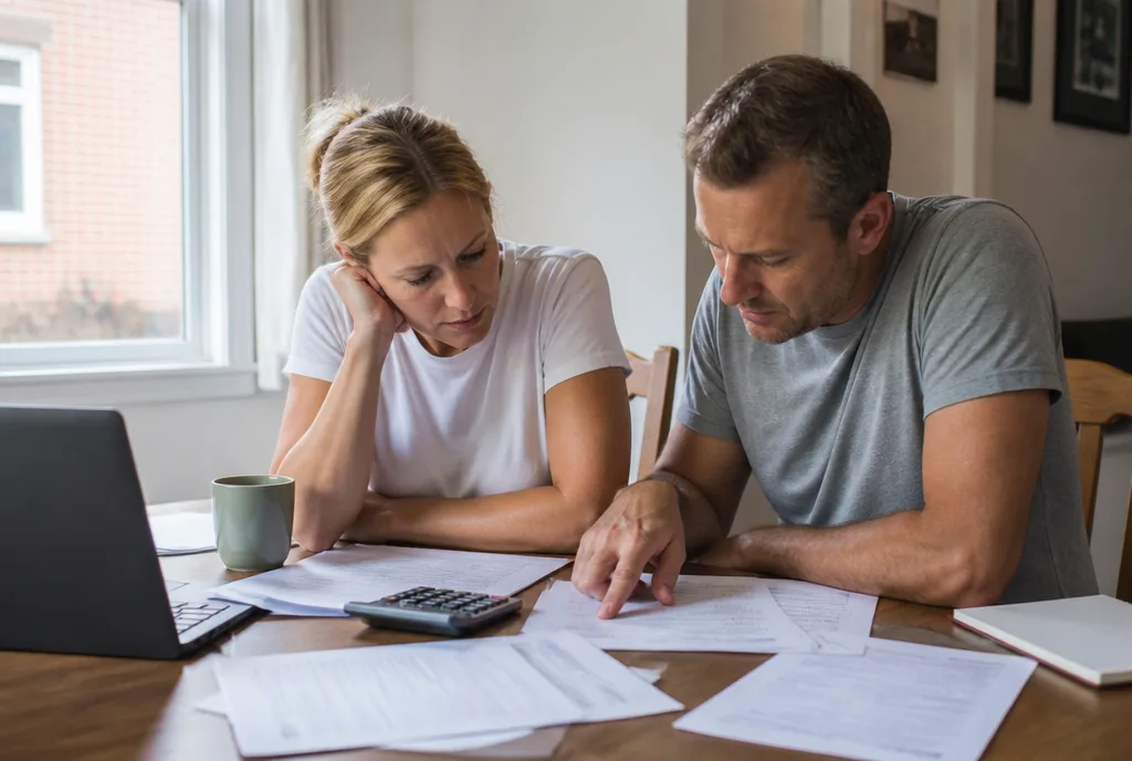 A couple sitting at a dining table with paperwork spread out, working through the cost of moving