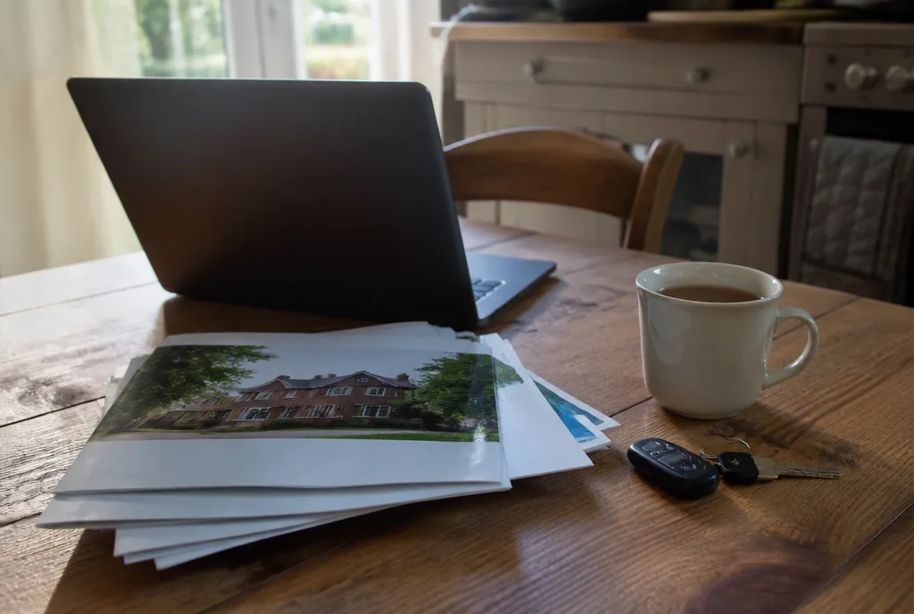 A kitchen table with printed property particulars, a laptop and a mug of tea in morning light