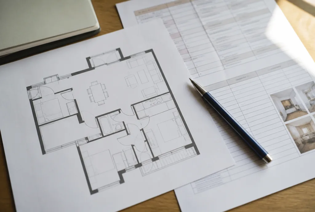 A close view of a printed floorplan and property details on a desk with a pen resting on them