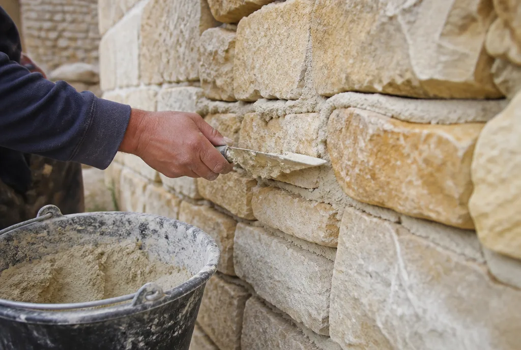 A stonemason’s hand pointing a limestone wall with lime mortar and a small trowel